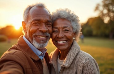 Elderly African American couple smiles for selfie in park at sunset. They enjoy outdoor leisure time together during golden hour, showing love and happy togetherness.