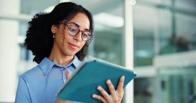 Scroll, tablet and glasses with business woman in office for account review, research or planning. Online invoice, portfolio manager and admin with low angle of person in agency for financial report
