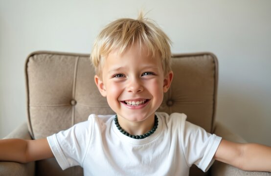 Young boy with blond hair and strabismus eyes sits on a beige chair. He smiles widely wearing a white t-shirt and a dark bead necklace. Child looks happy and cheerful indoors.