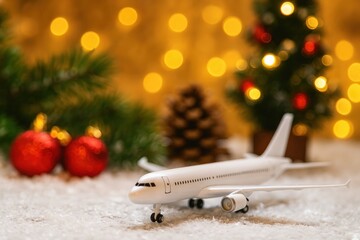 Christmas travel concept with airplane and festive decorations selective focus background