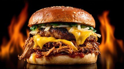 An extreme close-up of a massive, gourmet cheeseburger piled high with barbecue pulled pork, melted cheese, and fresh toppings. Perfect for themes of fast food, grilling, indulgence, restaurant menus.