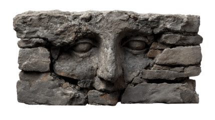 Ancient stone face sculpture emerging from a distressed rock wall or crumbling rubble, symbolizing history, mystery, and buried secrets on a transparent background, png