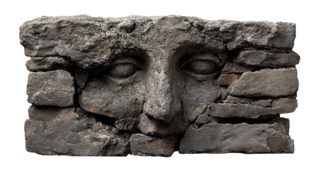 Ancient stone face sculpture emerging from a distressed rock wall or crumbling rubble, symbolizing history, mystery, and buried secrets on a transparent background, png - Powered by Adobe