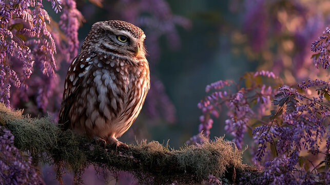 Little owl perched on a branch surrounded by purple wisteria flowers