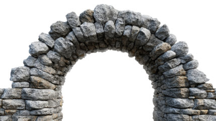 Weathered ancient stone archway ruin with rough masonry and irregular rocks, isolated on transparent background as a vintage gateway, textured architectural element for design, png