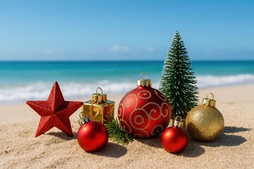 Christmas ornaments and baubles arranged in sand on sunny beach festive tropical holiday scene