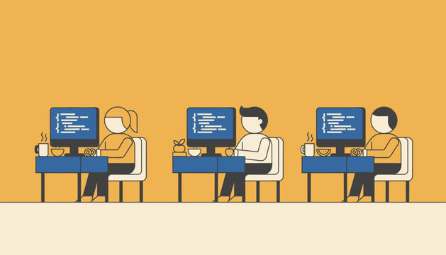 A vibrant classroom filled with computer monitors displaying lines of code with coffee cups and snacks tered around.