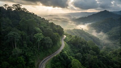 Drone-level panoramic view of a curving hillside roadway weaving through dense rainforest canopy, deep green foliage layered with humid haze, subtle sunlight breaking through clouds, atmospheric