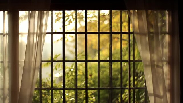 Sunlit Window with Metal Bars Framing a Soft Golden Morning Scene Inside and Outside