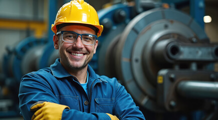 Happy man in yellow hard hat and blue uniform stands arms crossed in factory near big metal machine. Worker wears safety glasses and gloves. Industrial setting, manufacturing plant.