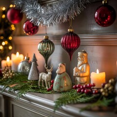 Decorations on a shelf during a winter holiday season with candles, ornaments, and festive figures
