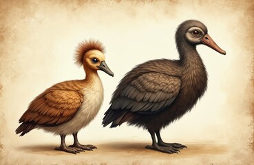 Obraz premium Two large, flightless birds with beaks stand on sandy surface. One bird small with light brown feathers, spiky crest. Larger, dark brown, looks mature. Appear to related, perhaps parent, offspring,