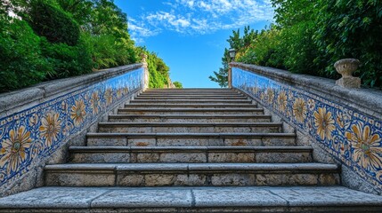 Fototapeta premium Beautiful stone staircase with colorful decorative tile patterns and lush greenery on sides under blue sky, architecture, tourism, culture, travel inspiration, heritage, and artistic urban design.