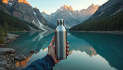 Hand holds metal reusable bottle near turquoise lake and snowy mountains. Person drinks cool water during hike. Eco friendly container for hydration on outdoor adventure.