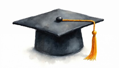 Black graduation cap watercolor art. Yellow tassel hangs from academic hat. Education symbol for success, school achievement, university degree completion ceremony.