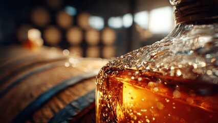 Whiskey bottle and glass on barrel in aging cellar