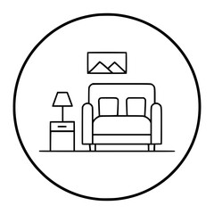Minimalist line art icon of a living room interior with furniture
