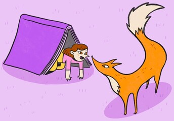 A Fox meets a Girl, who is coming out of a tent made with a book