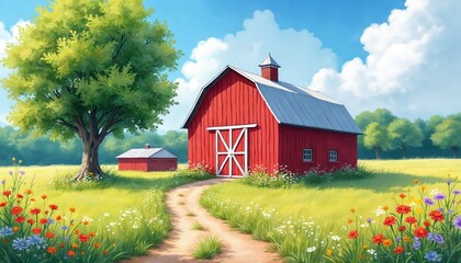 Obraz premium Red barn sits in sunny green field. Wildflowers bloom near dirt path. Large tree stands by farm building under blue sky with clouds. Another smaller barn is visible.
