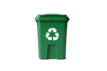 Green Plastic Recycling Bin with White Symbol Isolated on White Background