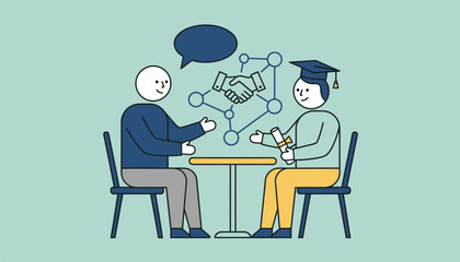 An intimate setting with a mentor guiding a recent graduate emphasizing the importance of building professional relationships after college.