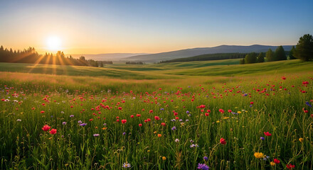 Beautiful sunset over a field of colorful flowers in the countryside