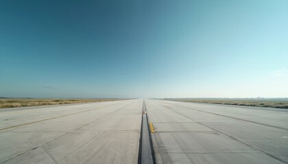 Wide concrete runway stretches toward horizon under clear blue sky. Sunlit tarmac marked with lines. Empty airfield grounds beside dry grass fields. Aviation passage.