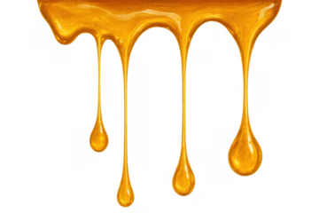 Golden liquid flowing down, a sticky golden syrup creating drips and drops on a transparent background
