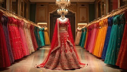 Row of colorful bridal lehengas displayed in boutique store. Ornate red wedding dress on mannequin center. Intricate Indian ethnic wear in luxury shop.