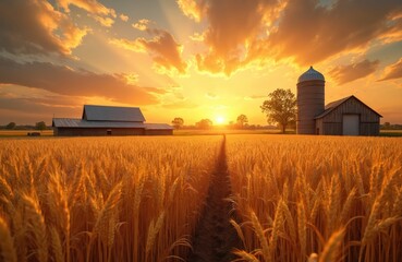 Golden wheat field at sunset with farm barn and silo. Rural landscape glows with warm orange light, sunbeams pierce clouds, pathway leads to horizon.