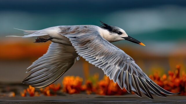 Elegant seabird Sandwich Tern gliding above coastal rocks with wings fully spread in natural light.
