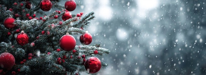 Snowy Christmas tree with red ornaments, festive winter background with falling snow