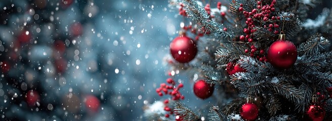 Snowy Christmas tree with red ornaments, festive winter holiday background with falling snow