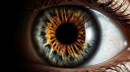 An ultra-close-up captures the mesmerizing detail of a human eye, revealing a complex tapestry of golden-brown, blue, and grey-green hues within the iris, radiating outwards from the deep black pupil.