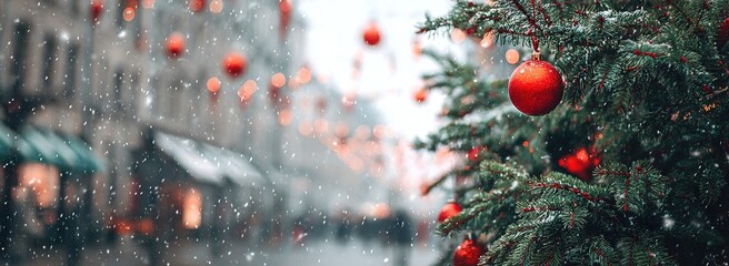 Christmas tree with red ornaments in snowy city street, festive winter holiday background
