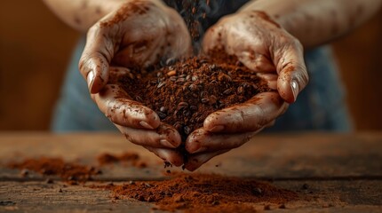 Hands gently cradle a rich mixture of aromatic roasted coffee beans and finely ground coffee, with fine particles sifting down onto a rustic wooden table. This close-up composition emphasizes the vibr