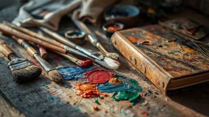 This evocative close-up captures a vibrant and authentically messy artist's workspace, filled with the essential tools of creation. A collection of well-used paintbrushes, some bearing traces of previ