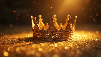 Golden crown with gems on gold floor. Crown glows with light. Gold sparkles around. Royal symbol on shiny surface. Jewellery with red stones. King crown on glitter floor.