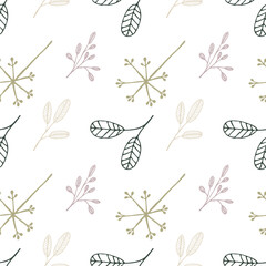 Seamless pattern with various plant elements, leaves, flowers arranged diagonally. Design with winter plants for wallpaper.