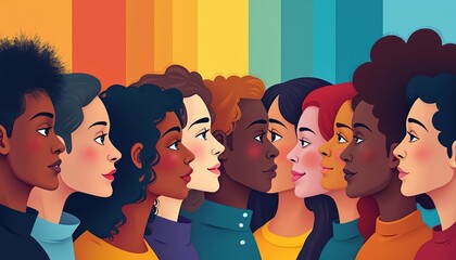 Diverse group of people stand side by side. Women of various ethnicities and skin tones look forward. They represent unity and connection in society.