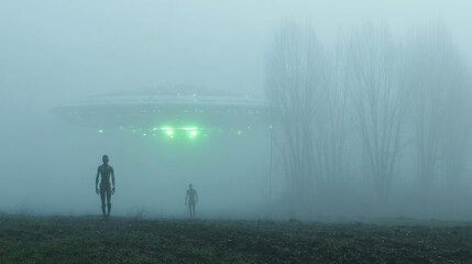 Two alien figures standing in a foggy field with a spacecraft hovering above, casting an eerie green light. UFO landing horror concept.