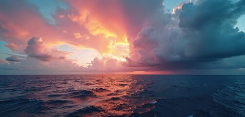 Ocean expanse under dramatic sky with vibrant sunset colors and stormy clouds. Rippling water reflects warm light near horizon. Peaceful seascape panorama.