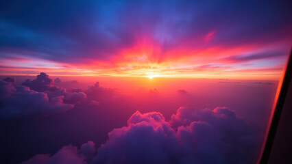 Vibrant sunset view from an airplane window with colorful clouds and sky