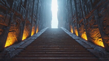Mysterious ancient stone staircase with glowing yellow lights ascending into a bright opening, surrounded by walls decorated with intricate carvings, evoking lost civilizations and hidden temples.