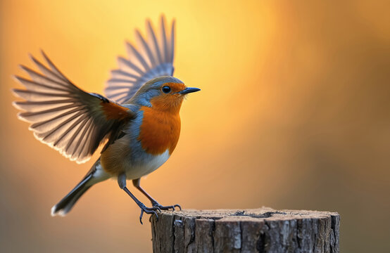 bird lands on wooden stump with wide open wings. Orange breasted songbird stands on wood in natural environment. Wild animal takes flight prepares to fly in warm golden light at sunrise sunset time.