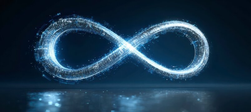Infinity Symbol: A radiant, glowing infinity symbol illuminated against a dark background, evoking ideas of endless possibilities, eternity, and innovation. 