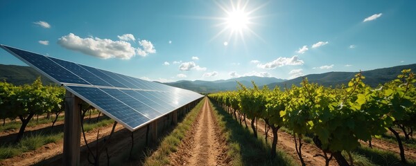 Fototapeta premium Solar panels installed in vineyard field with rows of grapevines. Sun shines brightly in clear blue sky with clouds. Rural landscape shows rolling hills.
