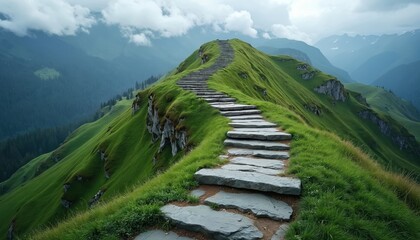 Stone stairs climb green mountain ridge toward cloudy sky. Scenic pathway leads to peak. Journey concept for travel adventure and outdoor exploration.