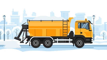 Salt truck spreading granular salt on icy roads, vector, background  