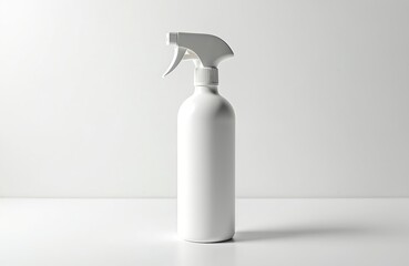 White spray bottle with trigger mechanism for cleaning products. Simple bottle design, isolated on white, ready for liquid contents. Packaging for home care items.